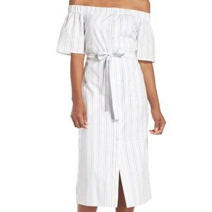 Charles Henry Off the Shoulder Cotton Striped Midi Dress, Size Medium